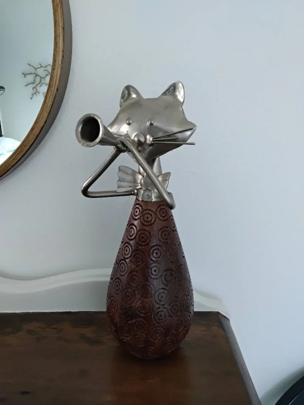 Pier 1 Wood And Metal Cat Figurine Playing Horn